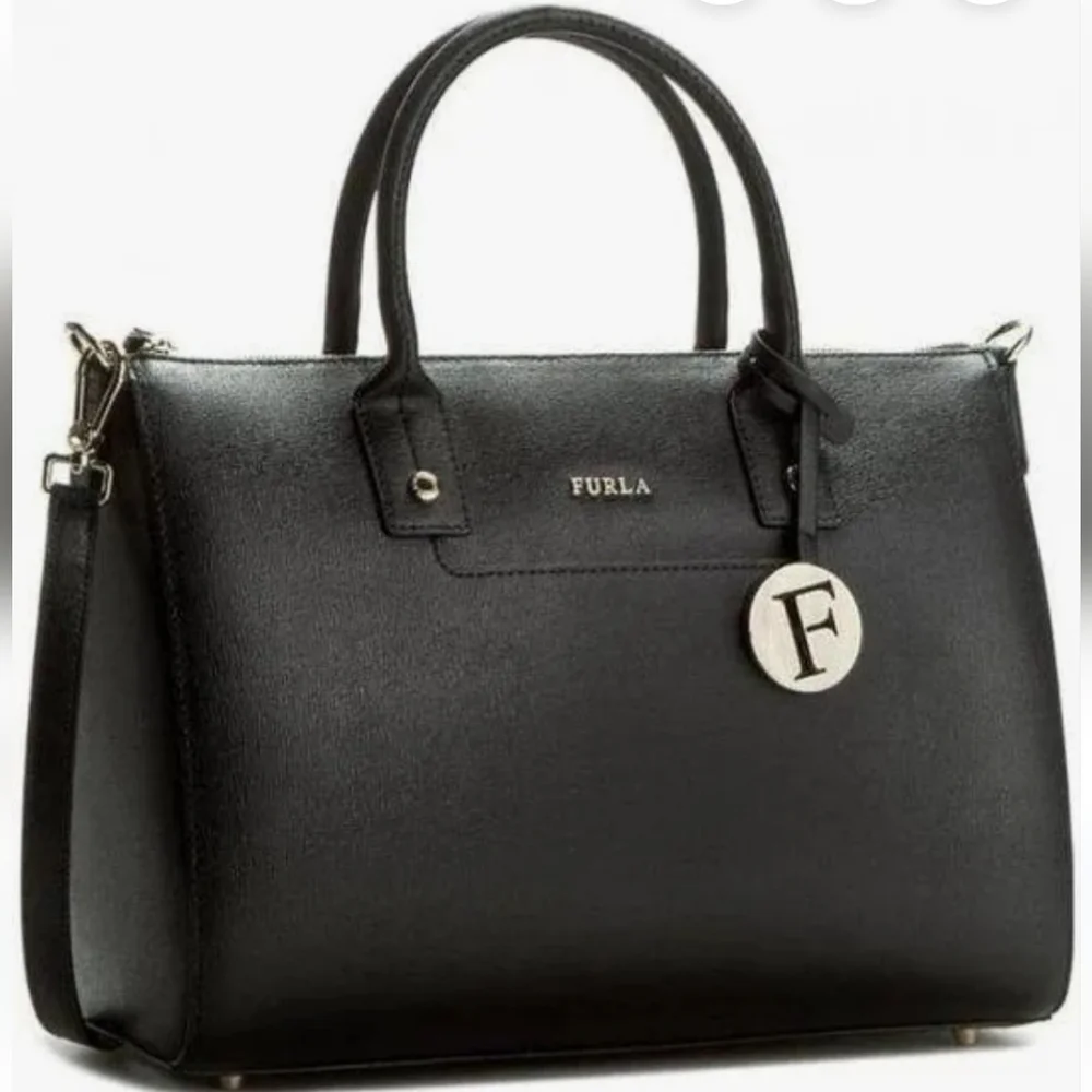 Furla Linda Medium Leather Black And Gold Satchel Bag